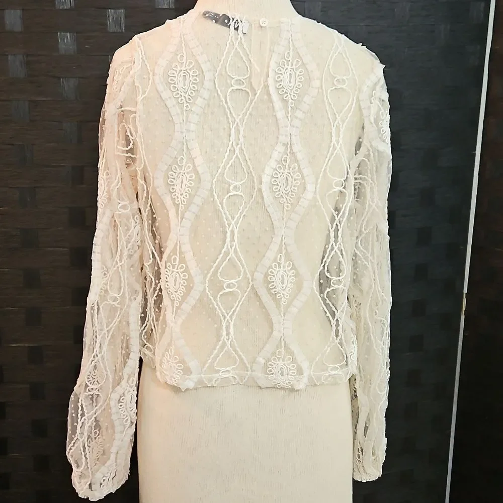 Zara Cream Lace Long Sleeve Cropped Whimsigoth Top Size Small